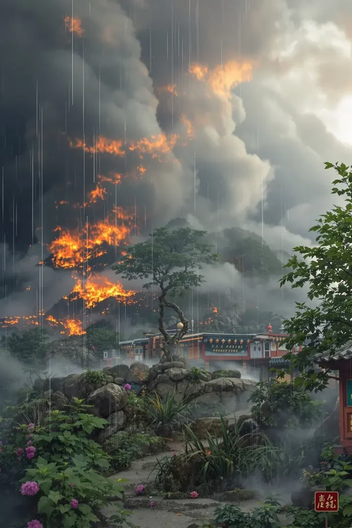 电影《临安夜雨》海报，夜雨中的临安古城与灯火剪影